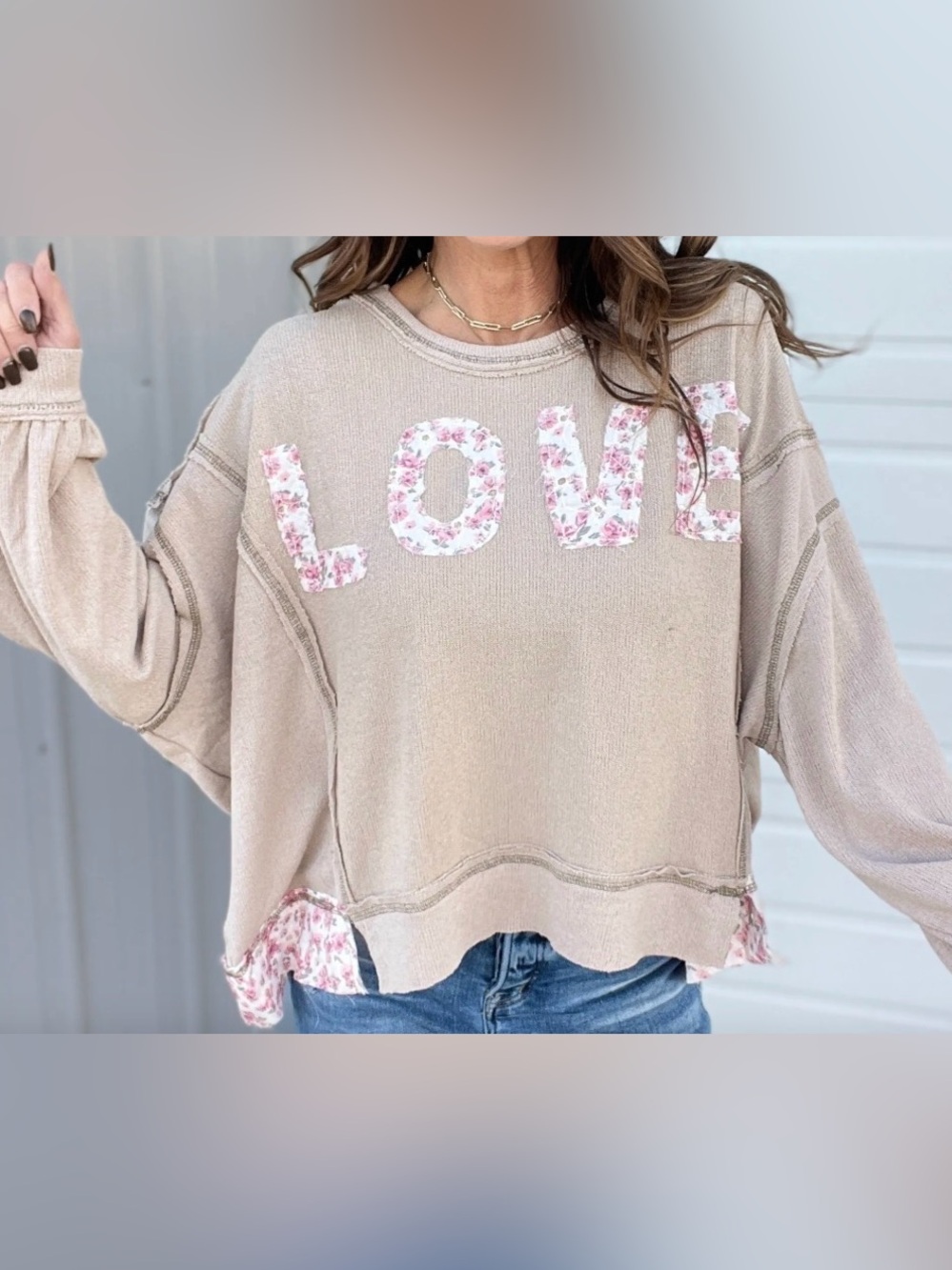 POL Tan Pullover Sweatshirt with Pink Floral LOVE Appliqué Medium